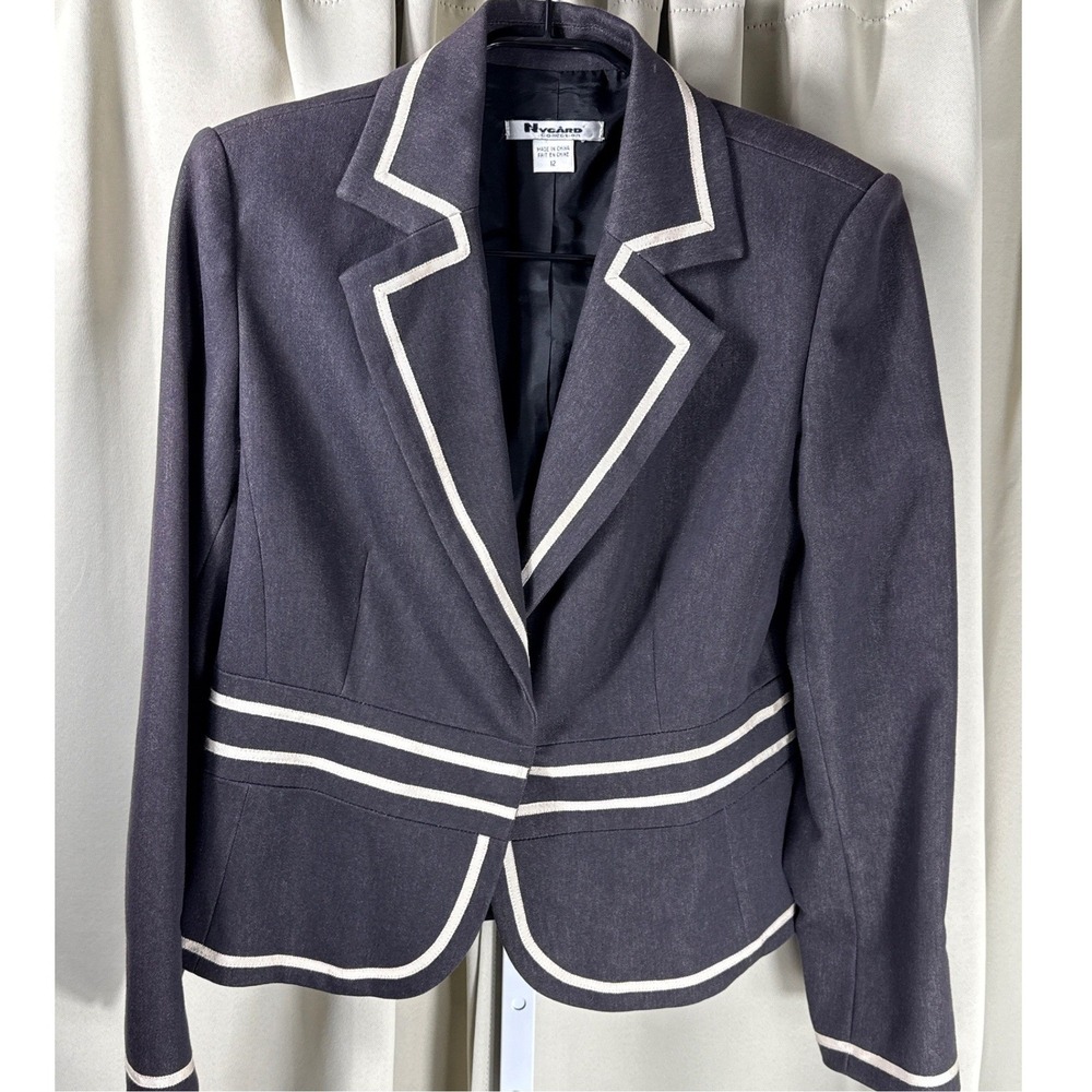 Nygard Collection Womens Blazer Charcoal Grey White Contrast Trim‎ Size12